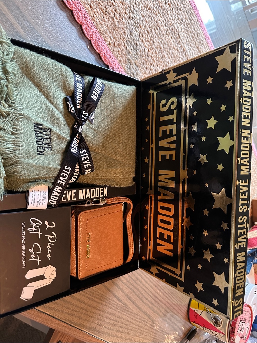 Steve Madden Olive Knit Scarf with Tan Pebbled Wallet gift Set